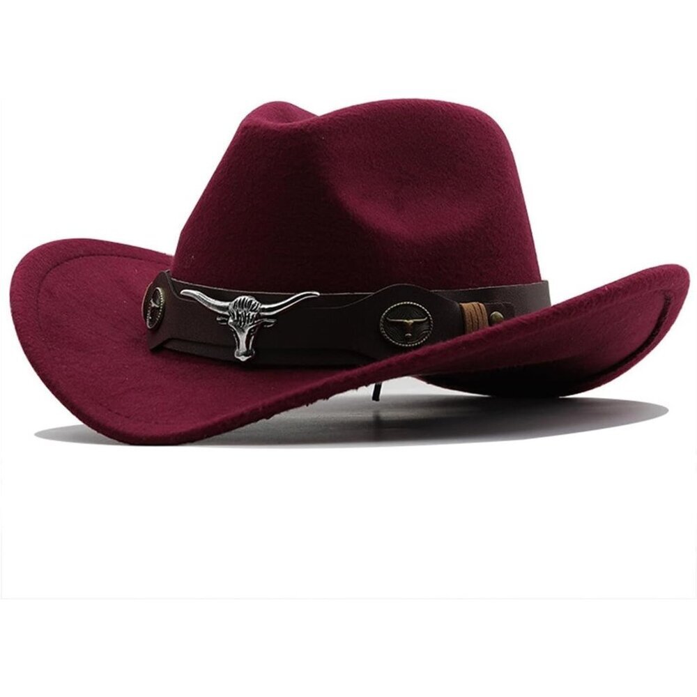 Unisex Wine 100% Polyester Bull Skull Band Classic Fedora Felt Cowboy Hat